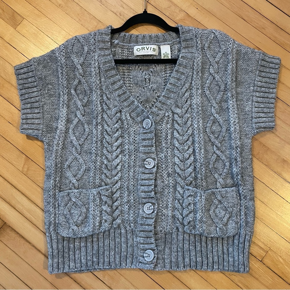 ORVIS Alpaca Cable Chunky Knit Button Front Sweater Vest Boxy Fit Preppy Scandi